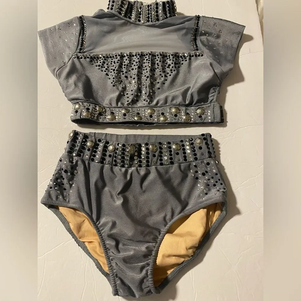 Glamour solo dance costume 2 piece gray embellished rhinestone SA adult